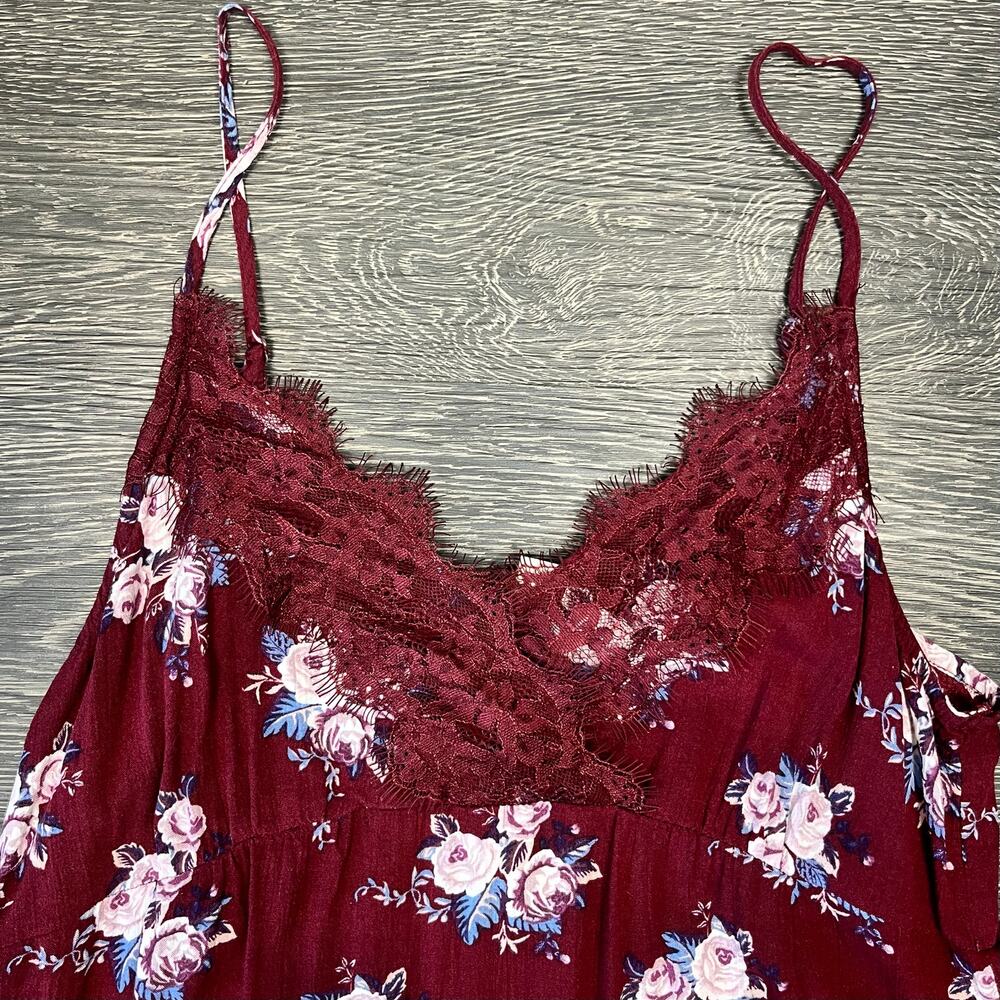 American Eagle Womens Y2k Babydoll Mini Burgundy Floral Dress Small Boho Lace - Picture 3 of 7